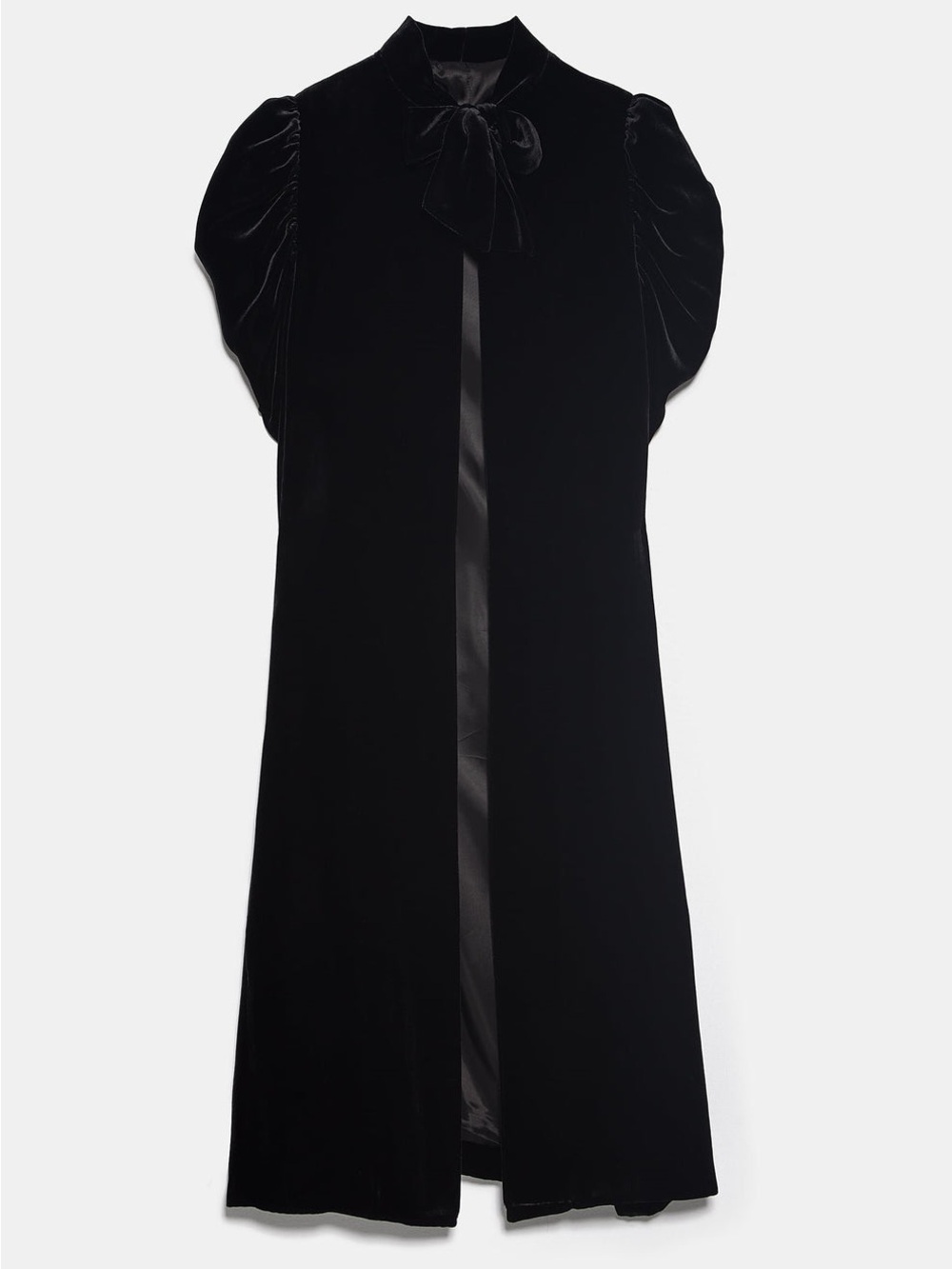 ZARA Rare Black Velvet Long Cape Goth Medium with Bow Tie & Puff Sleeves